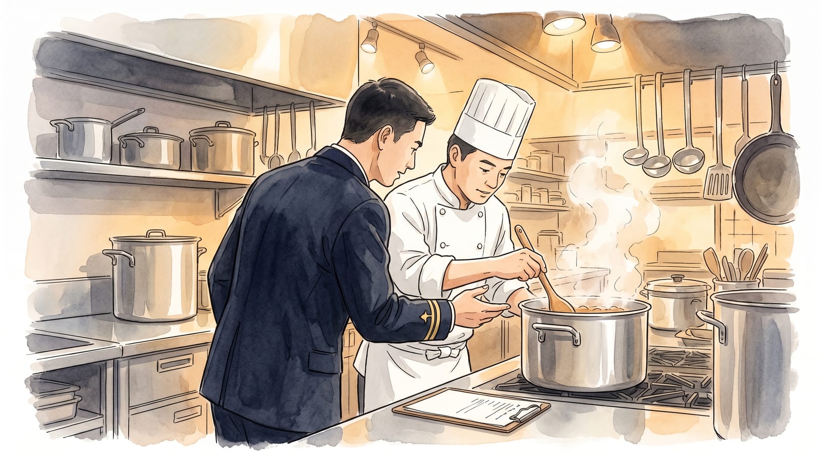 Illustration of a JMSDF ship's supply officer teaching a curry recipe to restaurant kitchen staff, standing at a stainless steel commercial kitchen counter with large pots, the ship's recipe card on a clipboard, both the officer in uniform and the chef in whites leaning over the pot together. Editorial watercolor in navy blue and warm kitchen-light palette.
