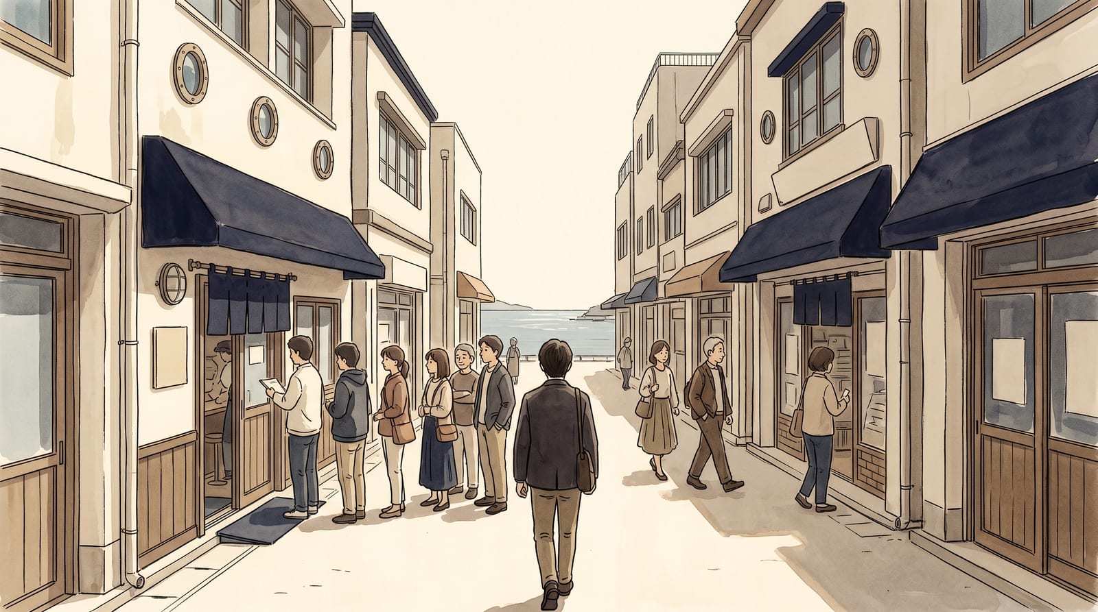 Illustration of the exterior of Kure Haikara Shokudou restaurant on Takaramachi street in Kure — a modest two-storey marine building facade, a signboard with naval motifs and the restaurant name in Japanese, a short queue of visitors outside at lunch time, the Seto Inland Sea visible in the background gap between buildings. Editorial watercolor in warm street-scene palette.