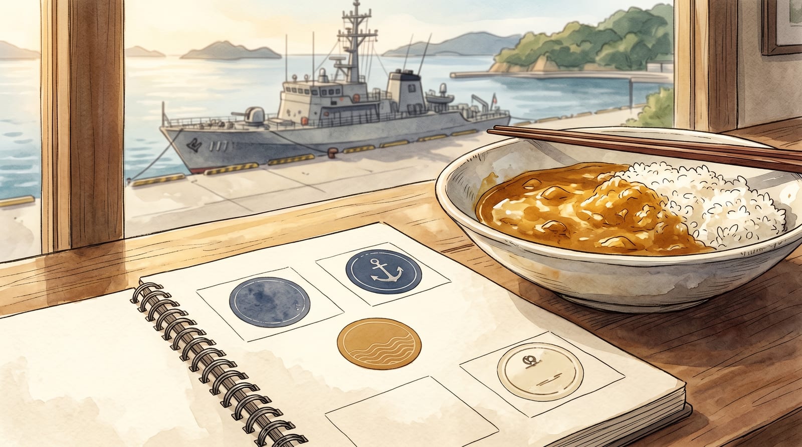 Illustration of a Kure Kaiji Curry stamp-rally guidebook open on a wooden table, with three circular restaurant seals affixed to their squares, a half-eaten curry bowl beside it, a harbour view out a café window in the background with a grey JMSDF ship visible at the pier. Editorial watercolor in warm food palette.