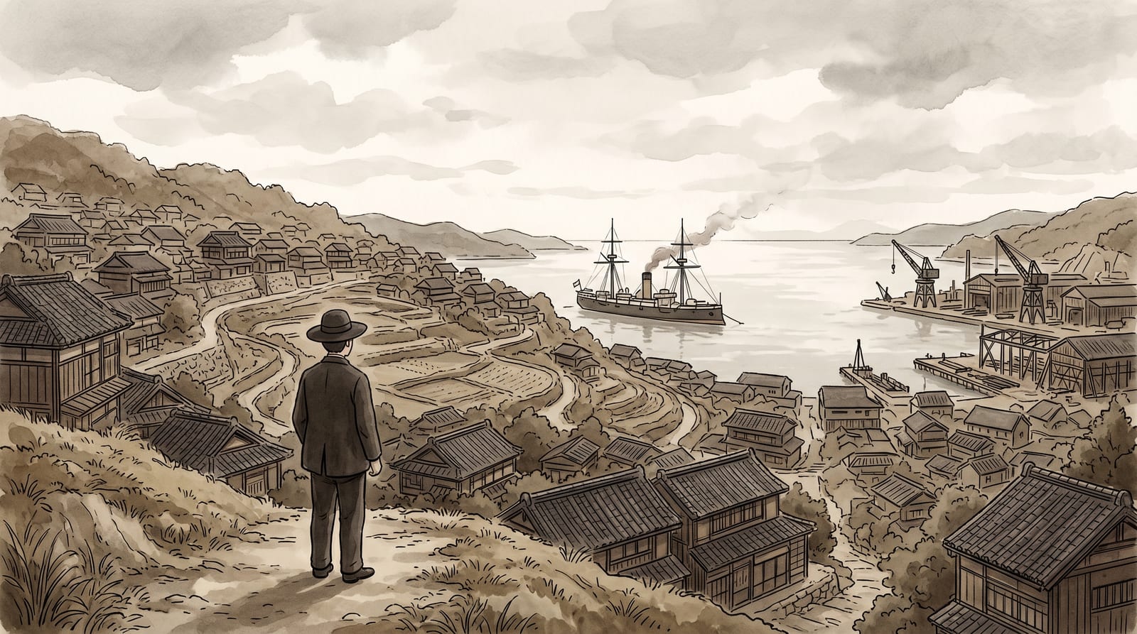 Illustration of Kure harbour in the Meiji era, late 19th century — a naval yard in the distance with industrial cranes, traditional wooden houses cascading down a hillside toward the water, a Meiji-era warship in the middle harbour, overcast sky suggesting industrial activity, a single figure on the hillside looking toward the dockyard. Editorial watercolor in sepia and muted historical palette.