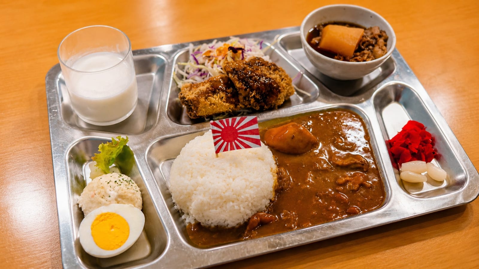 The Sōryū Teppan Curry at Kure Haikara Shokudou, served navy-mess style on a stainless tray: curry and rice under a small naval ensign, a fried cutlet, a bowl of nikujaga stew, potato salad with boiled egg, milk, and pickles.