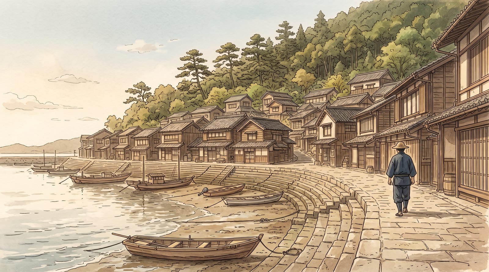 Illustration of the Mitarai gangi stone quays at low tide in early morning, viewed from the water side, with weathered wooden merchant houses stepping back from the curved shoreline and a pine-forested hillside above. Editorial watercolor in faded Edo-period palette, grey-green water, pale sky.