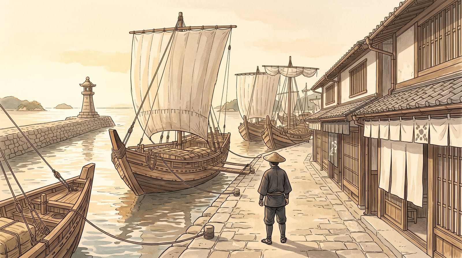 Illustration of Kitamaebune trading vessels moored at Mitarai in the mid-Edo period, their high prows and cargo holds visible against the narrow lanes of merchant houses, with a lighthouse at the end of the stone breakwater. Editorial watercolor in ochre and navy tones.