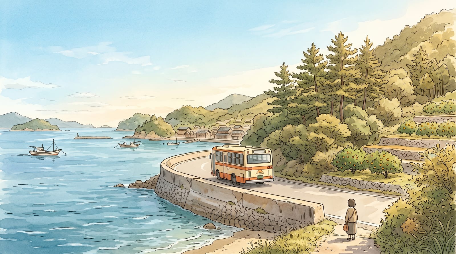 Illustration of the Setouchi Sanko bus winding along the coastline of Osaki Shimojima on a clear morning, the blue-green sea to one side and pine-covered hillsides on the other. Editorial watercolor in muted coastal tones.