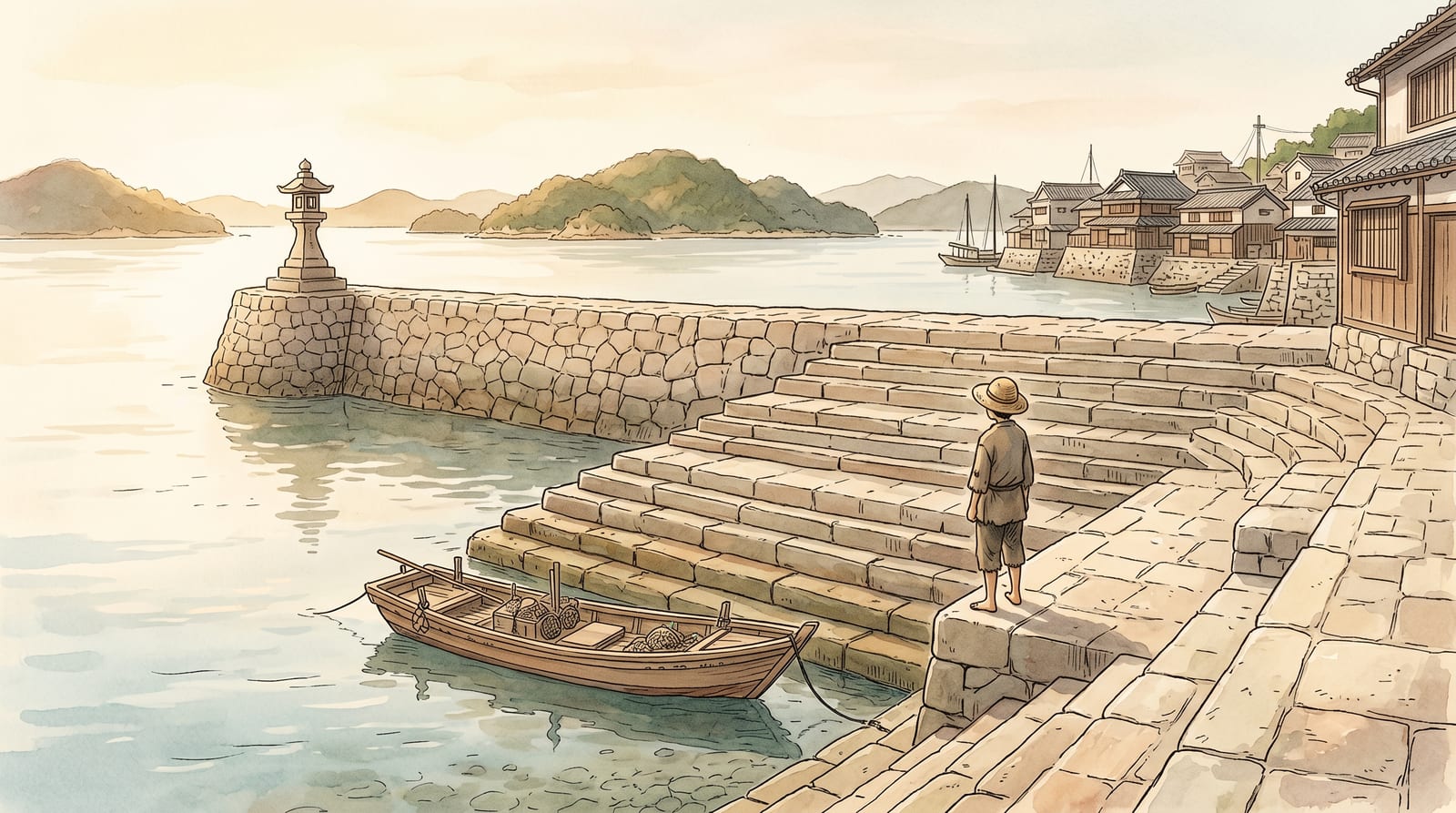 Illustration of the Mitarai gangi (the historic tiered stone quayside) at mid-morning, with the small stone Chisago-hato lighthouse at the end of the breakwater. The stone steps lead down to calm water; a fishing boat is tied at the base. Editorial watercolor, soft sea-light.