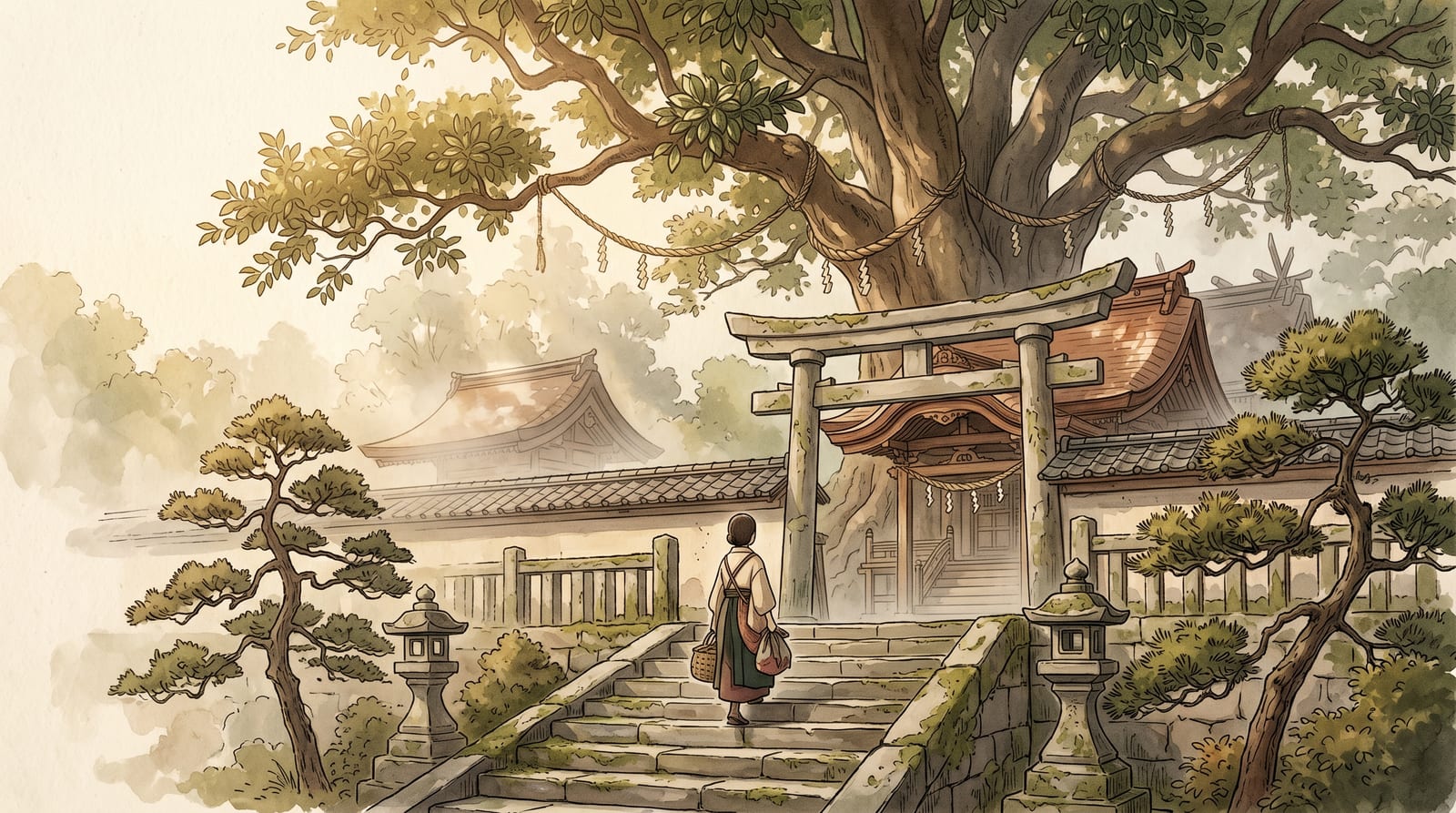 Illustration of the Mitarai Tenmangu shrine gate and stone steps, with a large camphor tree visible over the roofline. Afternoon light, atmospheric mist. Editorial watercolor in pale ochre and green.