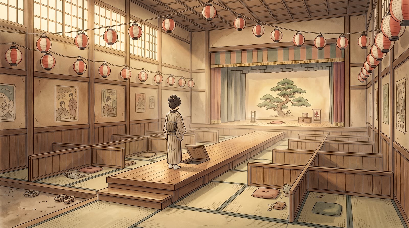 Illustration of the interior of Otome-za, a small 1937 rural theater, looking toward the stage from the tatami seating area, with a hanamichi runway extending through the audience. Paper lanterns above, warm natural light. Editorial watercolor.