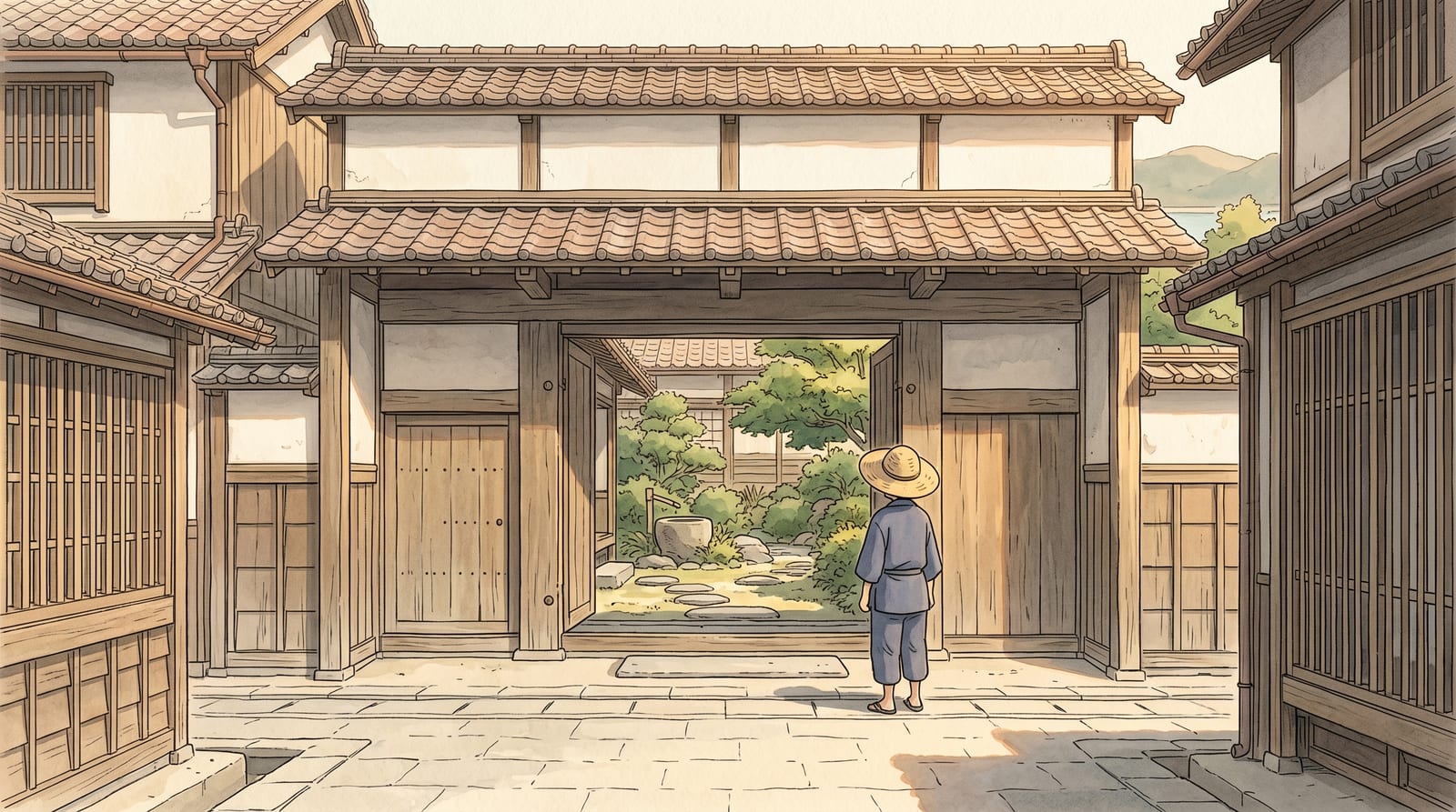 Illustration of the exterior gate of the former Kaneko Family Residence in Mitarai, a historic Edo-period merchant villa with a nagaya-mon gate and garden visible through the entrance. Afternoon light. Editorial watercolor in grey-green and warm wood tones.