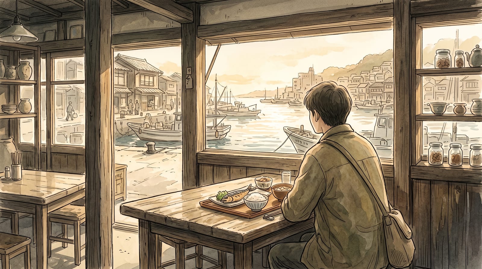 Illustration of a simple lunch of grilled fish and rice served in a wooden tray inside a small wooden restaurant with harbor views, natural light, a weathered wooden table. Editorial watercolor.