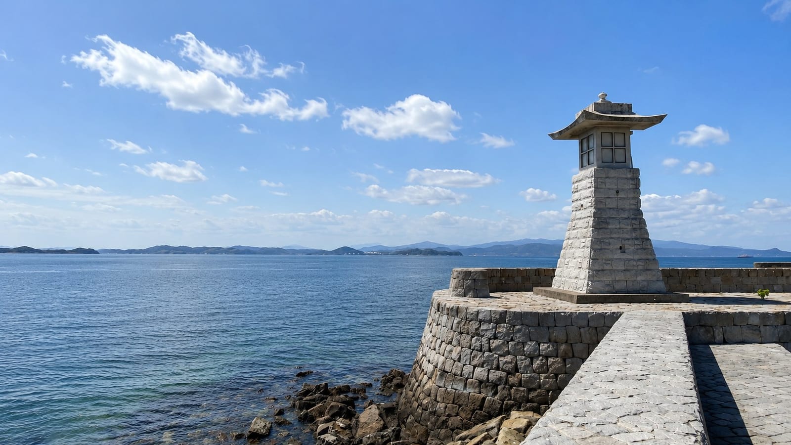 The stone lantern-style Chisago-hato lighthouse standing at the seaward tip of Mitarai's tiered stone breakwater, with the calm Seto Inland Sea and distant islands behind it under a clear blue sky.