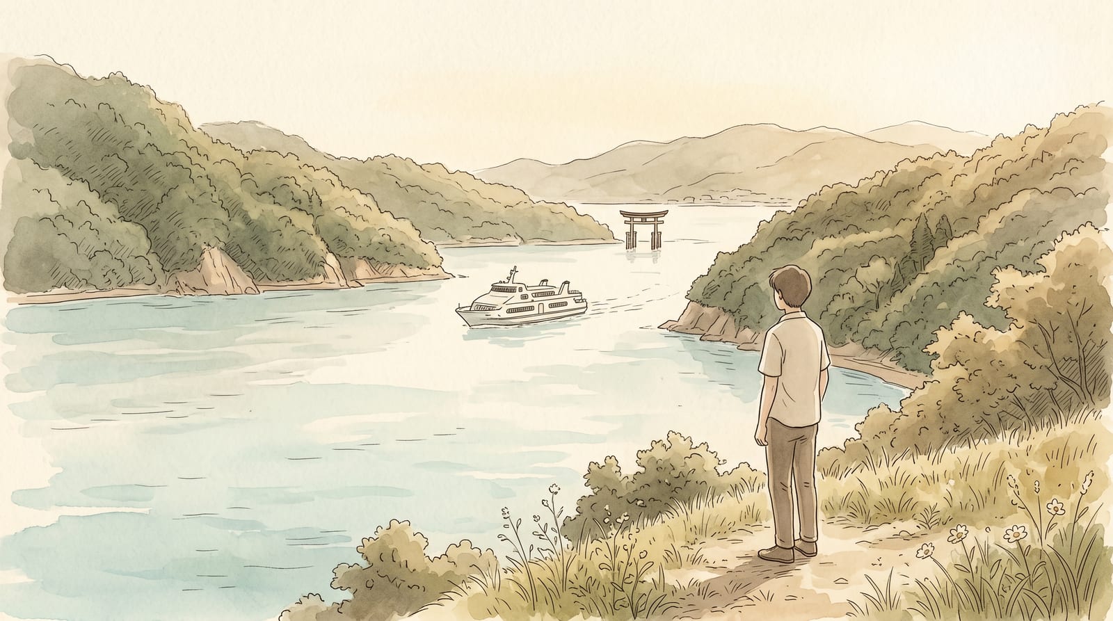 Illustration of a white high-speed ferry crossing calm Seto Inland Sea waters between forested hillsides, the silhouette of a torii gate visible in the distance behind the boat on a clear morning, soft watercolor washes of pale blue water and green hills. Editorial watercolor in a coastal travel palette.