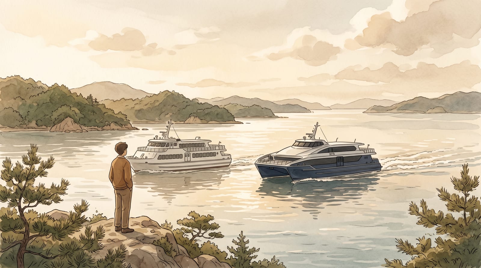 Illustration of two different high-speed passenger ferry vessels side by side against the Seto Inland Sea — one a conventional white hull, one the angular dark-blue Sea Spica design — with calm water and a soft afternoon sky. Editorial watercolor in coastal maritime palette.