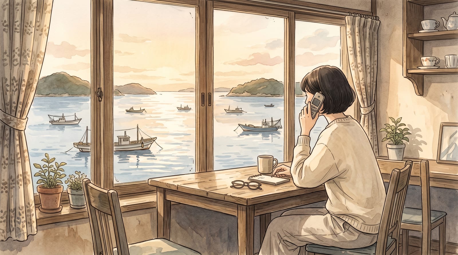 Illustration of a person sitting at a café table near a window with a phone in hand, making a reservation call, with the Seto Inland Sea visible outside, fishing boats in the background, late-afternoon light. Editorial watercolor in warm amber coastal tones.