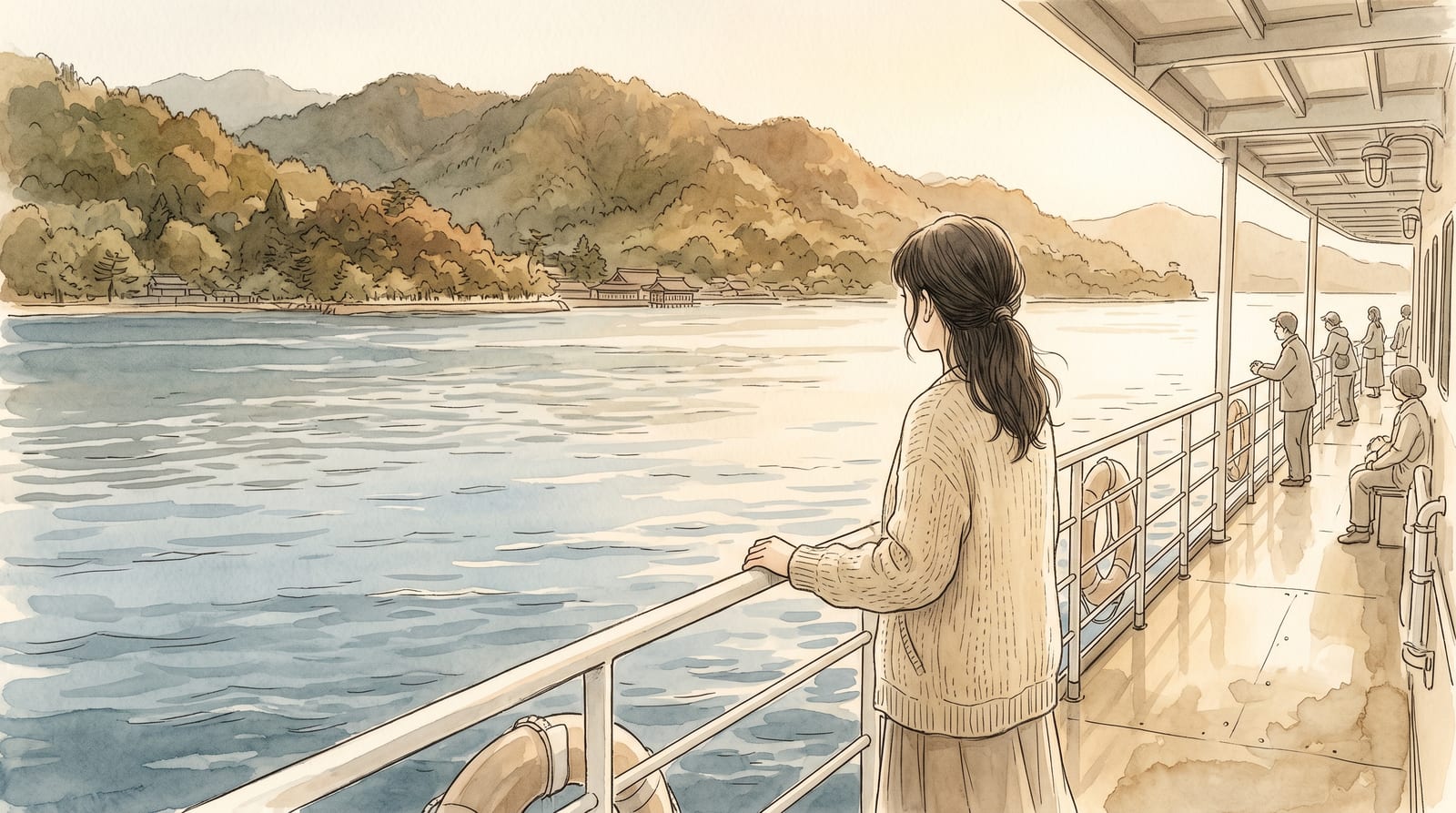 Illustration of passengers on the deck of a high-speed ferry in Hiroshima Bay, the forested coastline of Miyajima visible behind them receding in the distance, calm blue-grey water, morning light, a few passengers standing at the railing. Editorial watercolor in a cool coastal palette.