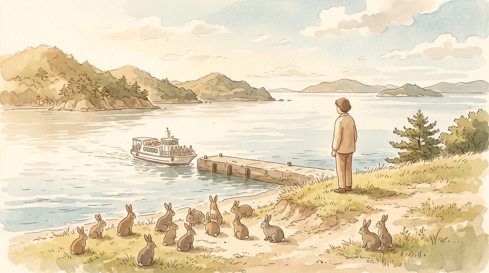 Illustration of Okunoshima's harbour at mid-morning: a small white ferry approaching a low concrete pier while a dozen brown and grey rabbits wait on the grassy bank above the waterline, the calm Seto Inland Sea spreading to the horizon behind pine-covered hills. Editorial watercolor in soft sage, warm grey, and pale blue.