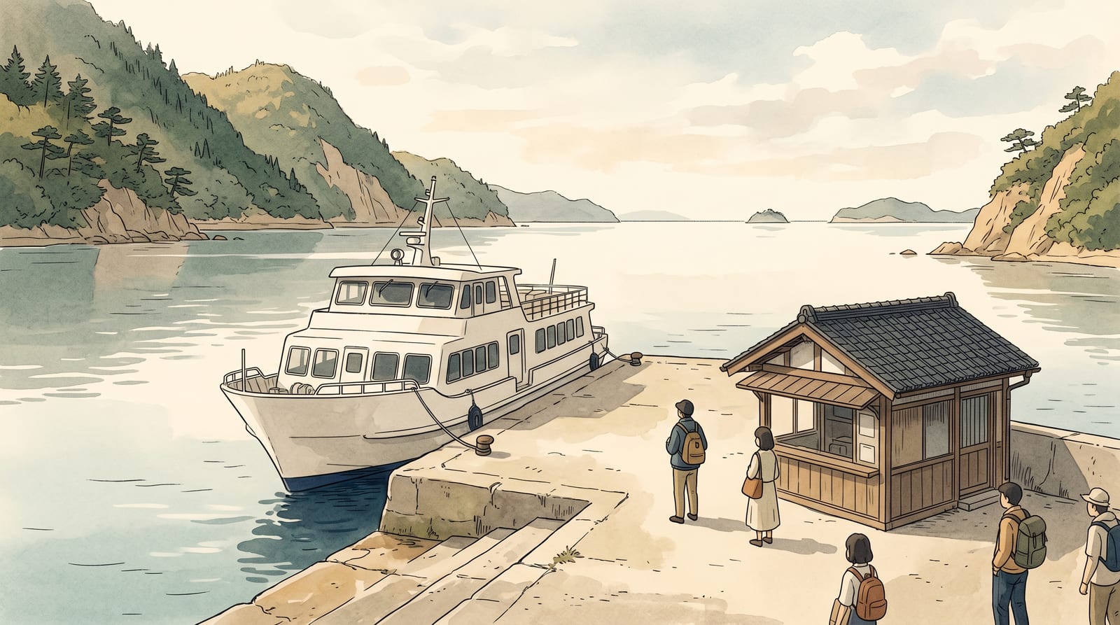 Illustration of the small ferry terminal at Tadanoumi Port in morning light: a single white ferry tied to a concrete quay, a low-roofed ticket office with a shop window displaying bags of rabbit pellets, a few travellers with day bags waiting on the dock, and pine-covered hills framing the view across the Seto Inland Sea. Editorial watercolor in warm grey, sage green, and pale coastal blue.