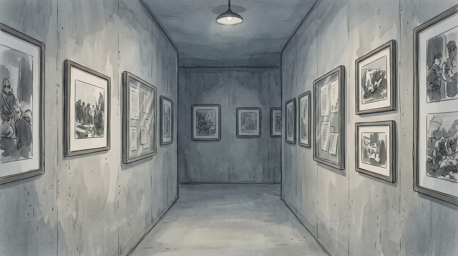 Illustration of the interior corridor of the Okunoshima Poison Gas Museum: sparse concrete walls with framed black-and-white photographs and typed documents behind glass, a single bare bulb illuminating a display case, heavy silence implied by the empty room. Editorial watercolor in graphite and muted sepia, no rabbits present.