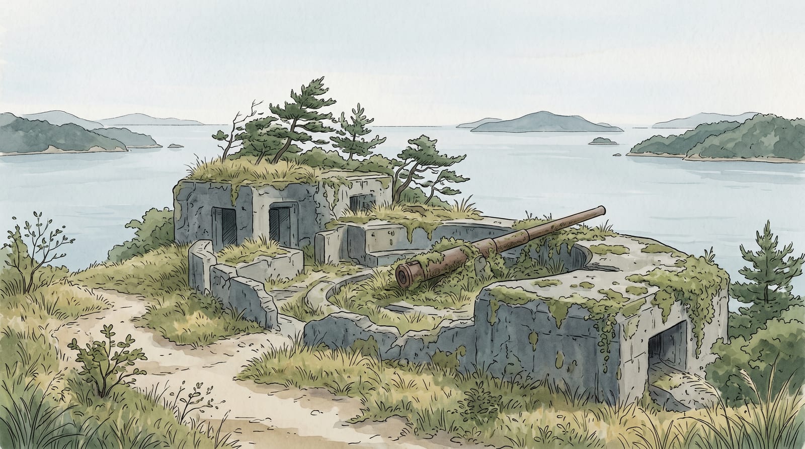 Illustration of wartime ruins on Okunoshima: weathered concrete bunkers and the remains of a coastal gun battery standing among pine trees and overgrowth above the Seto Inland Sea, quiet and long abandoned. Editorial watercolor in muted slate, moss green, and pale sky.