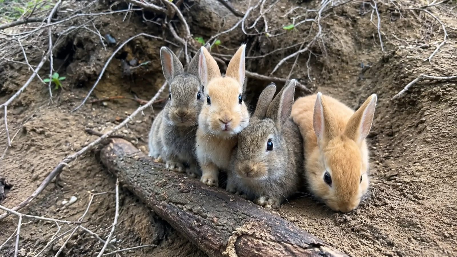Four young rabbits huddled close together at the mouth of a burrow on Okunoshima, three of them looking up toward the camera, on bare earth strewn with dry twigs.