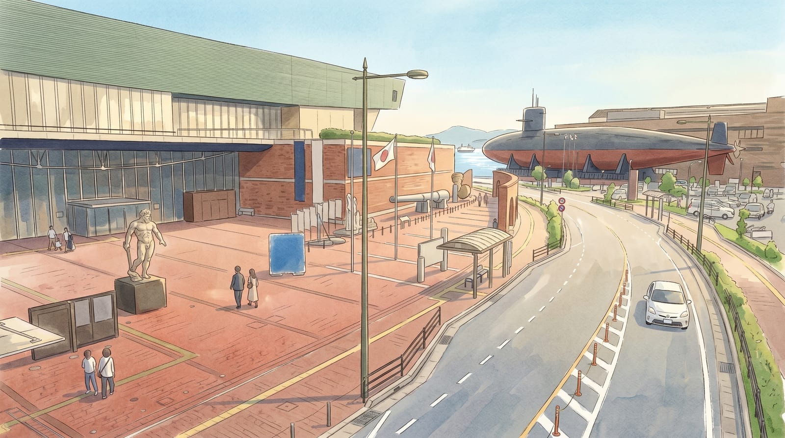 Illustration of the Kure waterfront seen from the museum plaza in mid-morning: a brick promenade curving toward the sea, the Yamato Museum's curved white facade on the left, a black submarine beached beside a building on the right, a handful of visitors crossing the open plaza, the Seto Inland Sea calm and bright in the background. Editorial watercolor in muted historical palette of cream, navy, and rust.