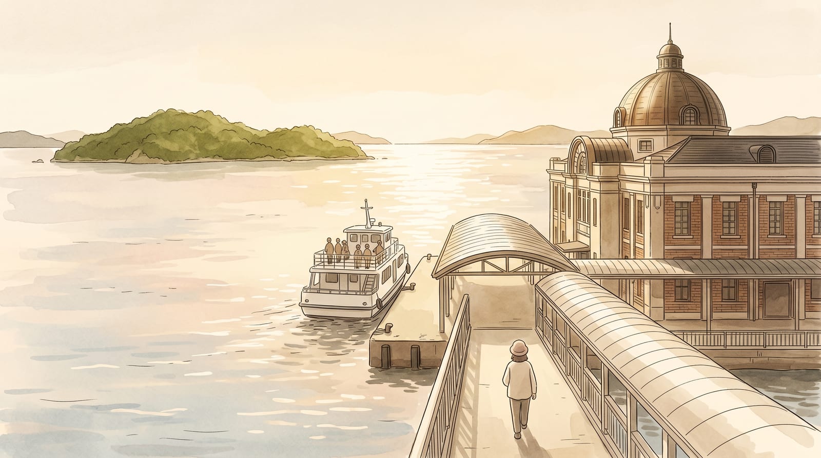 Illustration of the Kure central pier terminal with a small white ferry departing toward a low green island, the calm Seto Inland Sea stretching to the horizon in afternoon light, a few passengers visible on the upper deck. Editorial watercolor in muted navy and pale-sky tones.