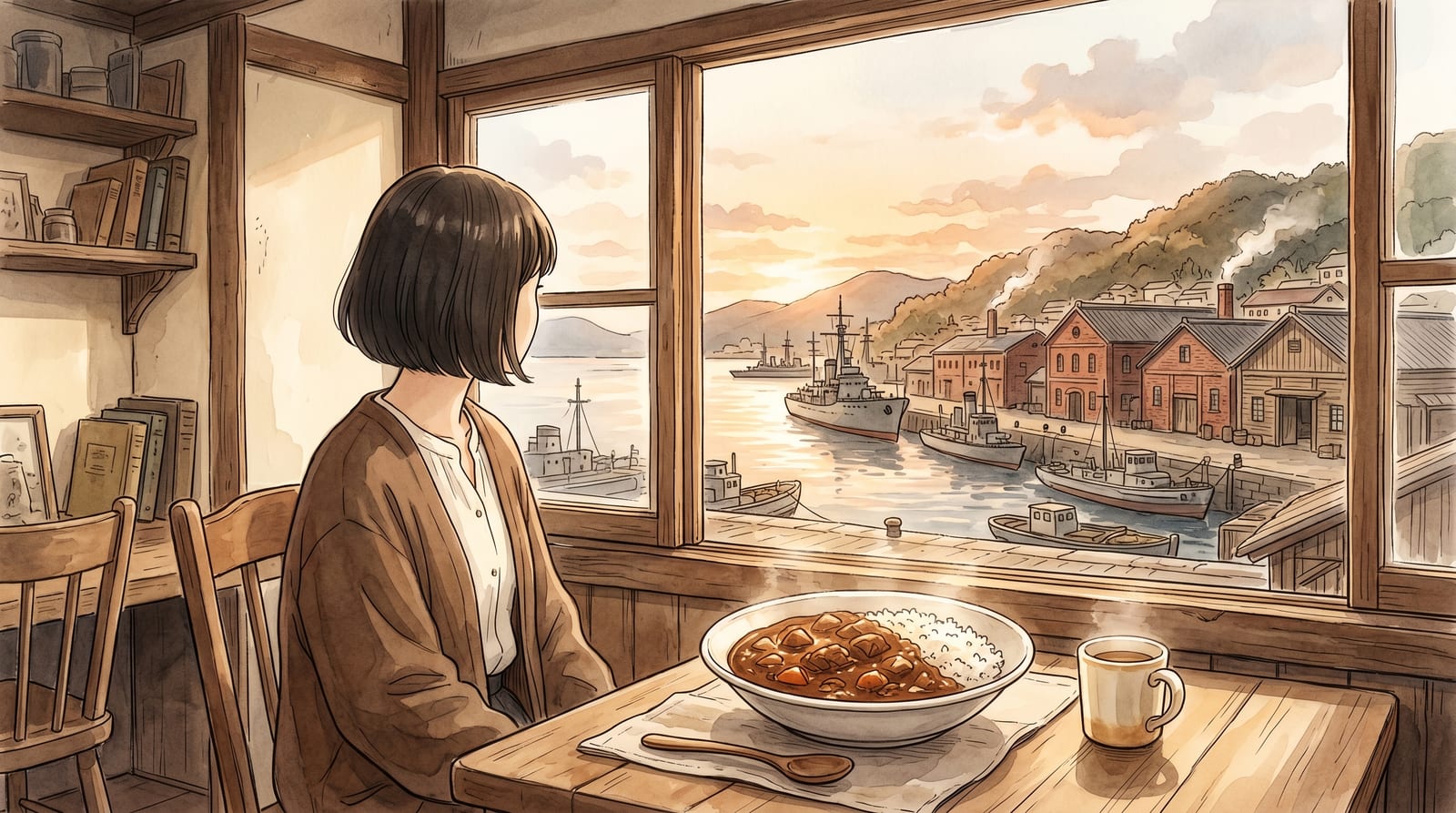 Illustration of a bowl of deep brown naval curry on white rice, served on a wooden table beside a large window looking out at the Kure waterfront, afternoon light catching the surface of the curry. Editorial watercolor in warm rust and cream tones.