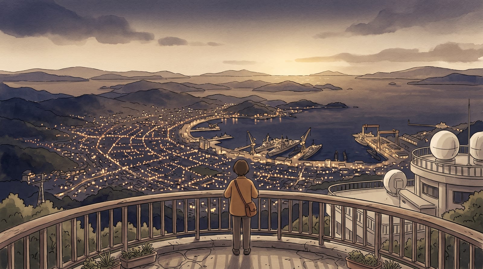 Illustration of the view from Mt. Haigamine summit at dusk: the city of Kure spread below in a bowl of amber streetlights, the JMSDF shipyards lit along the dark waterfront, the Seto Inland Sea a deep indigo beyond, a single figure standing at the railing of the observatory platform. Editorial watercolor in deep navy, amber, and graphite.