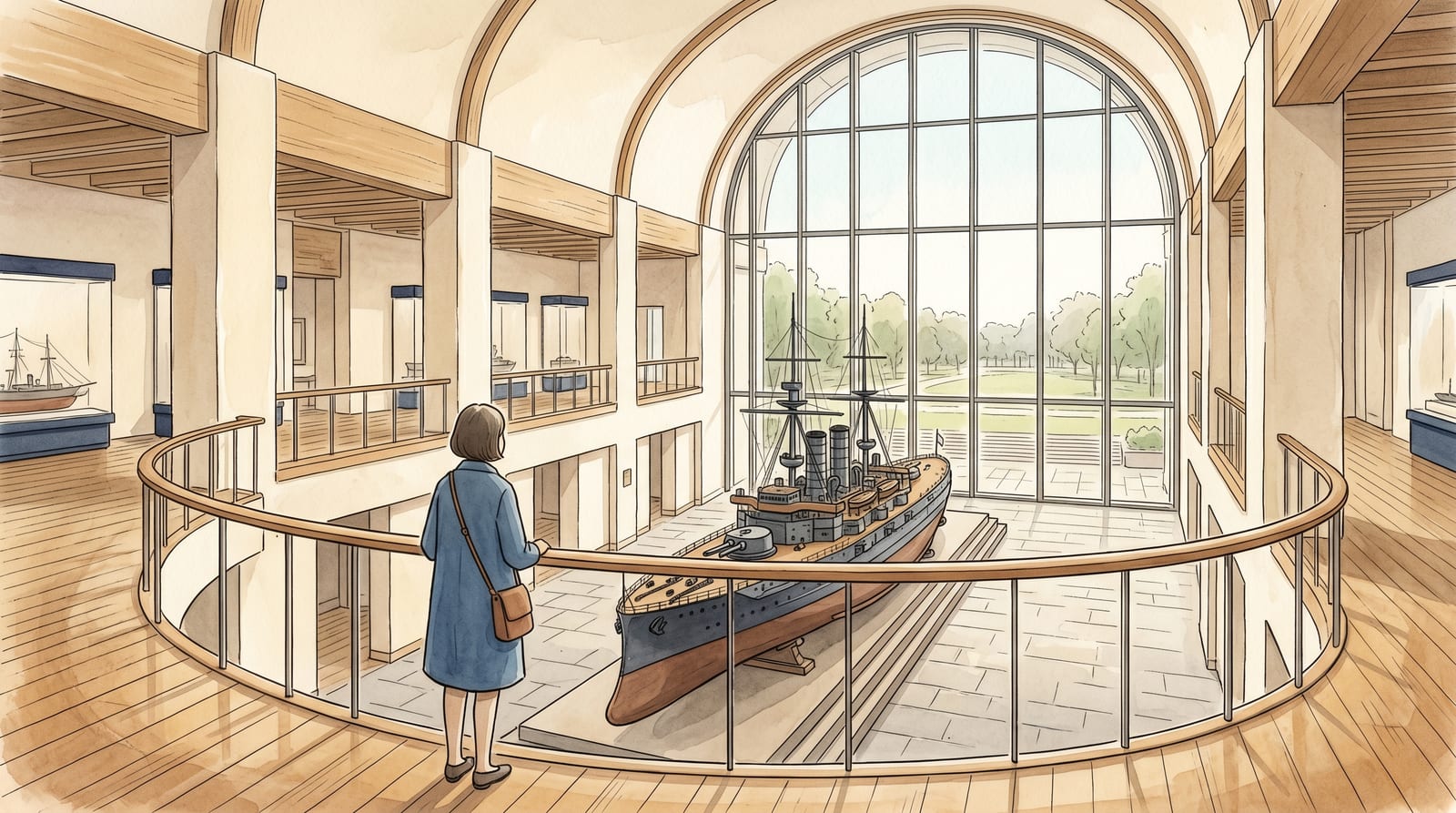 Illustration of the Yamato Museum's sunlit atrium: the 26.3-metre 1:10 scale model of battleship Yamato resting on a low platform on the floor below, seen from the surrounding upper gallery where a visitor at the railing looks across and down at it, daylight from a tall glass wall. Editorial watercolor in muted historical palette.