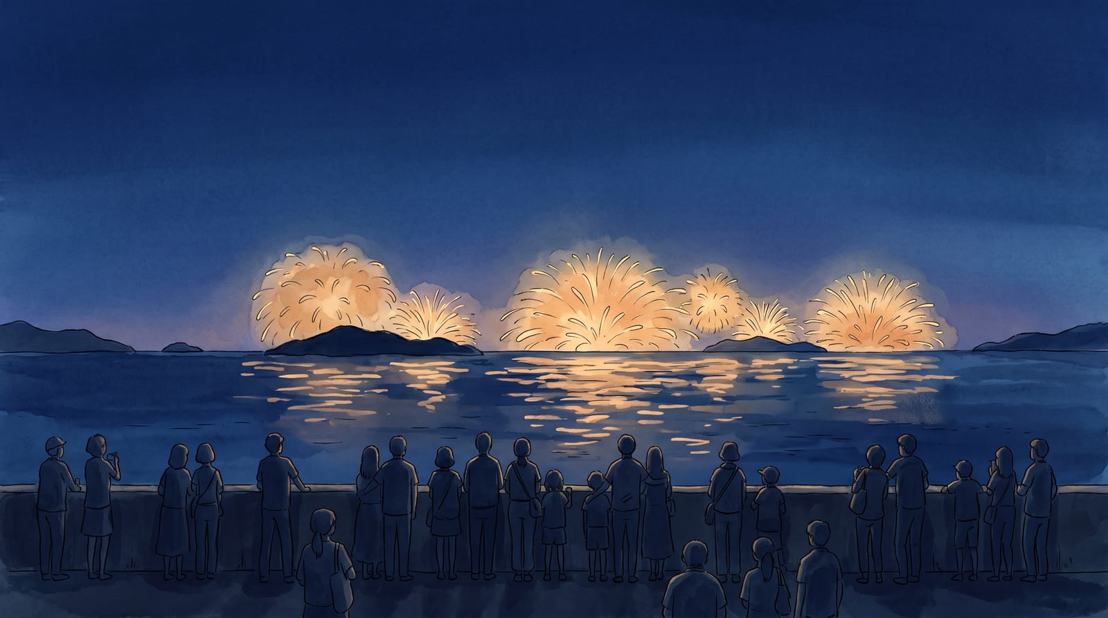 Illustration of fireworks bursting low over a dark stretch of the Seto Inland Sea, small islands silhouetted on the horizon, the light reflected in broken streaks on the water, a crowd's silhouettes along a low embankment in the foreground. Editorial watercolor in deep indigo and warm firework-gold tones.