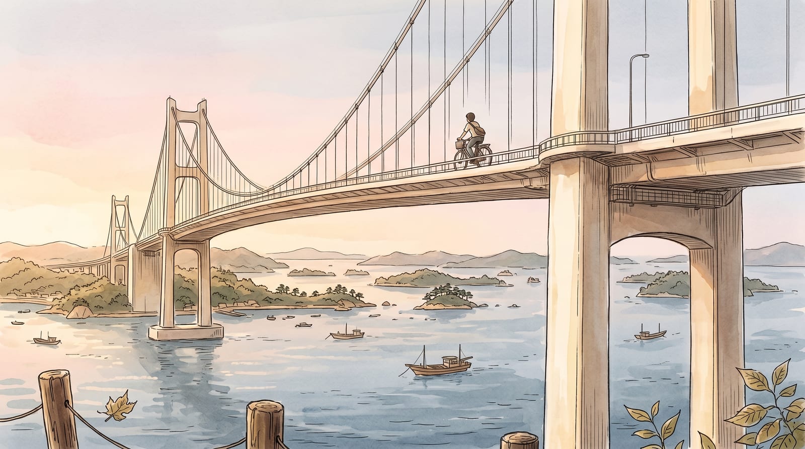 Illustration of the Akinada Ohashi bridge arching over the calm Seto Inland Sea, shot from below in low morning light, a lone cyclist crossing the 1,175-meter span with small fishing islands scattered across the blue-gray water behind. Editorial watercolor in muted coastal palette.