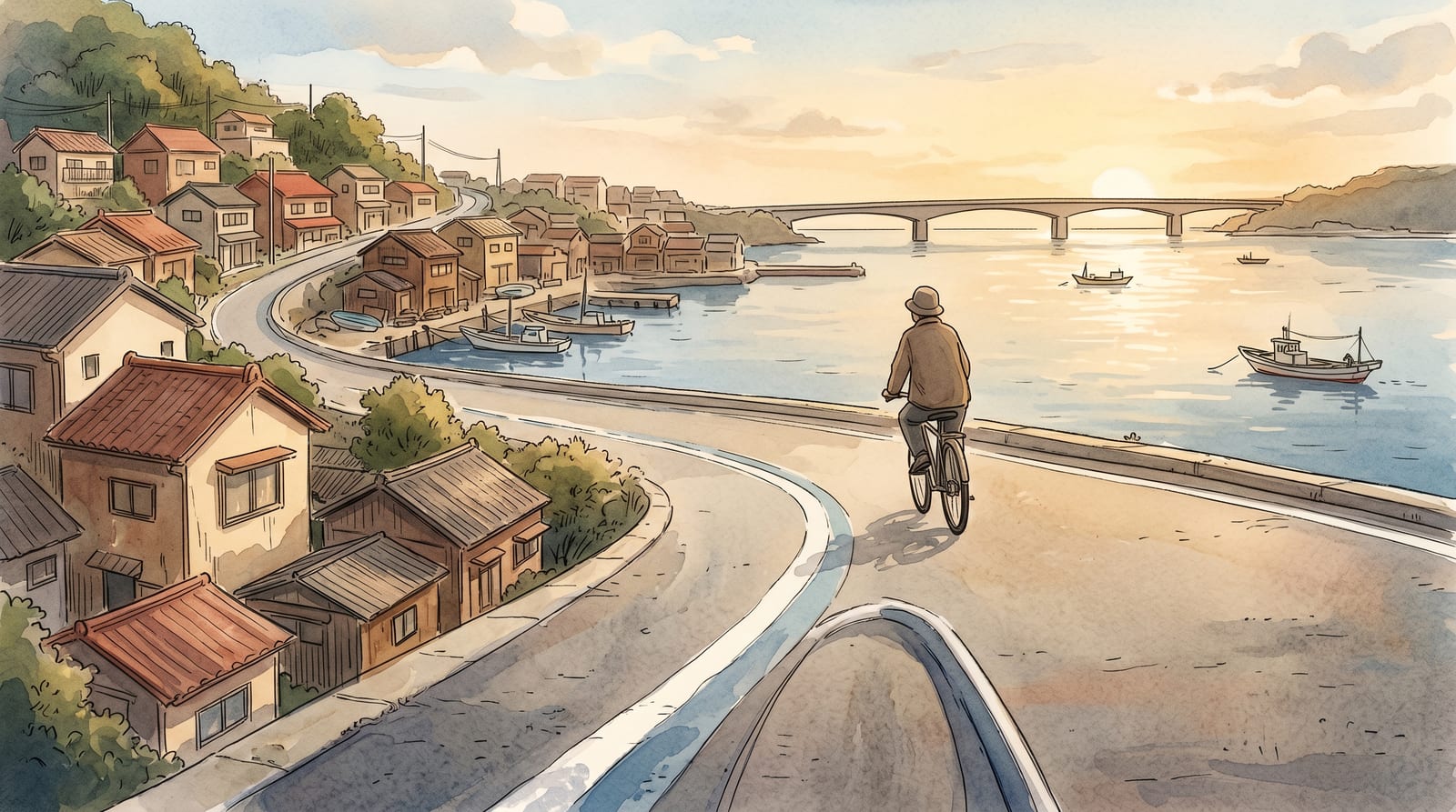 Illustration of a cyclist's view from the road surface level, looking along a white-painted blue guide line that curves toward a bridge on the horizon, fishing village rooftops to the left, calm sea to the right. Afternoon light, editorial watercolor.