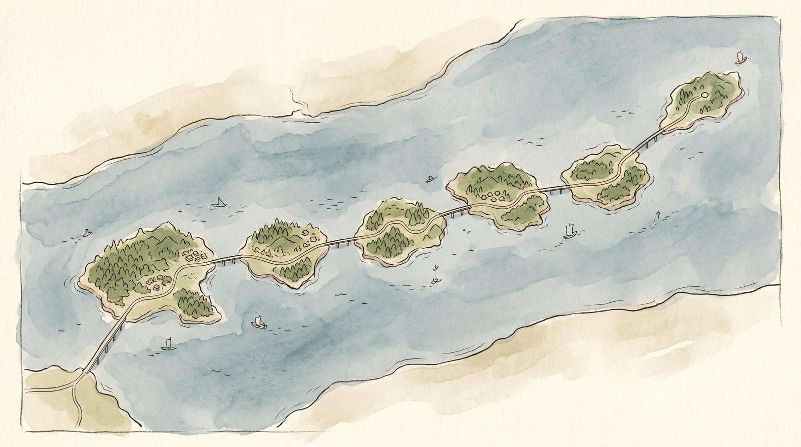 Illustration of a simple map showing the Tobishima Kaido's 7 islands between Kawajiri and Okamura, with the Shimanami Kaido visible to the east separated by open sea. Hand-drawn sumi-e style, annotated with island names.