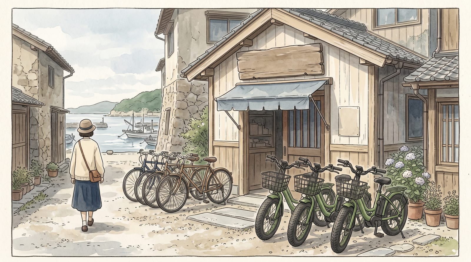 Illustration of a small coastal rental shop with two rows of bicycles, e-bikes in the front row with green frames and thick tires, a hand-painted wooden sign, and the sea visible between the buildings. Editorial watercolor, overcast morning light.