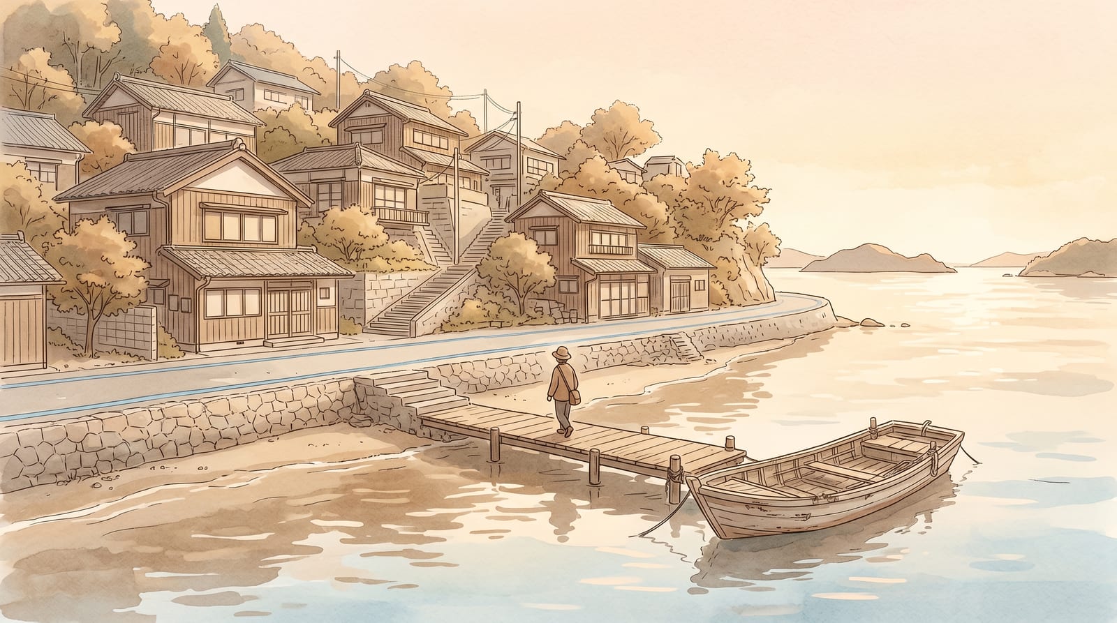 Illustration of a Seto Inland Sea fishing village seen from the water, wooden houses stepping up a hillside, a small quay with a single fishing boat, the blue cycling line just visible on the road along the quay. Atmospheric evening light, editorial watercolor.