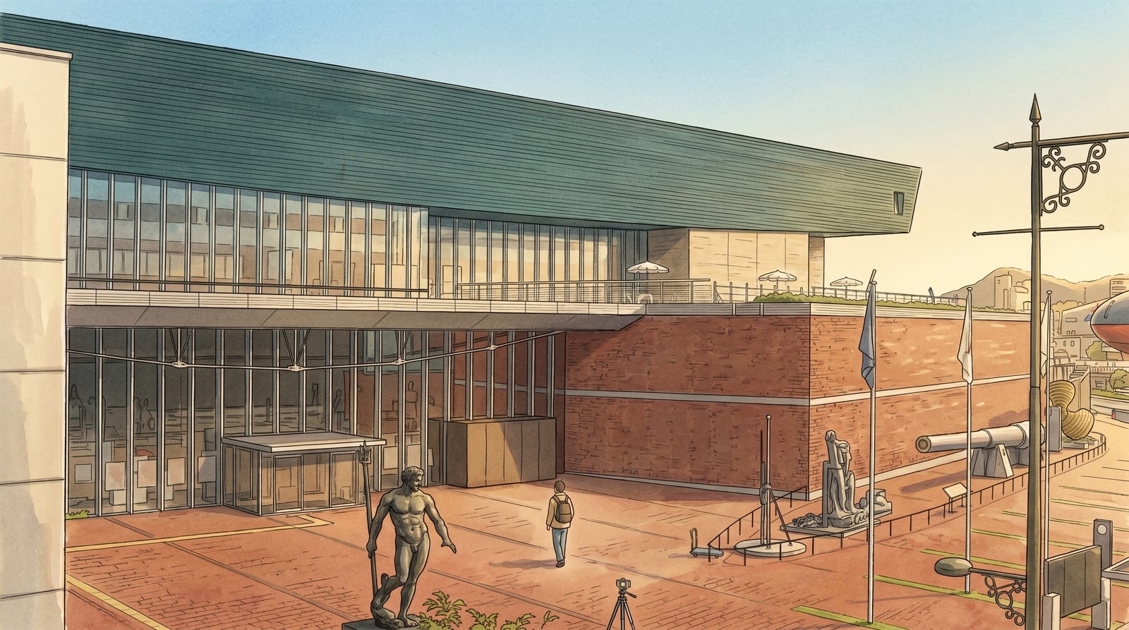 Illustration of the Yamato Museum entrance in Kure: a curved glass facade catching warm late-afternoon light, the outdoor 46-centimeter naval gun shell sculpture in the foreground, and a mid-distance visitor (back view) walking toward the doors. Editorial watercolor in muted historical palette (cream, sepia, navy).