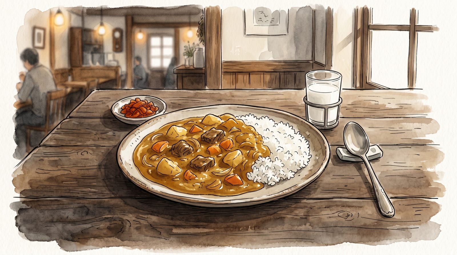 Illustration of a Japanese naval-style kaigun curry plate served at a Kure cafe — a generous portion of golden-brown curry over white rice on a ceramic plate, a small dish of pickled vegetables, a glass of milk in traditional naval mess style, wooden table surface, modest cafe interior atmosphere in the background. Editorial watercolor in muted historical palette.