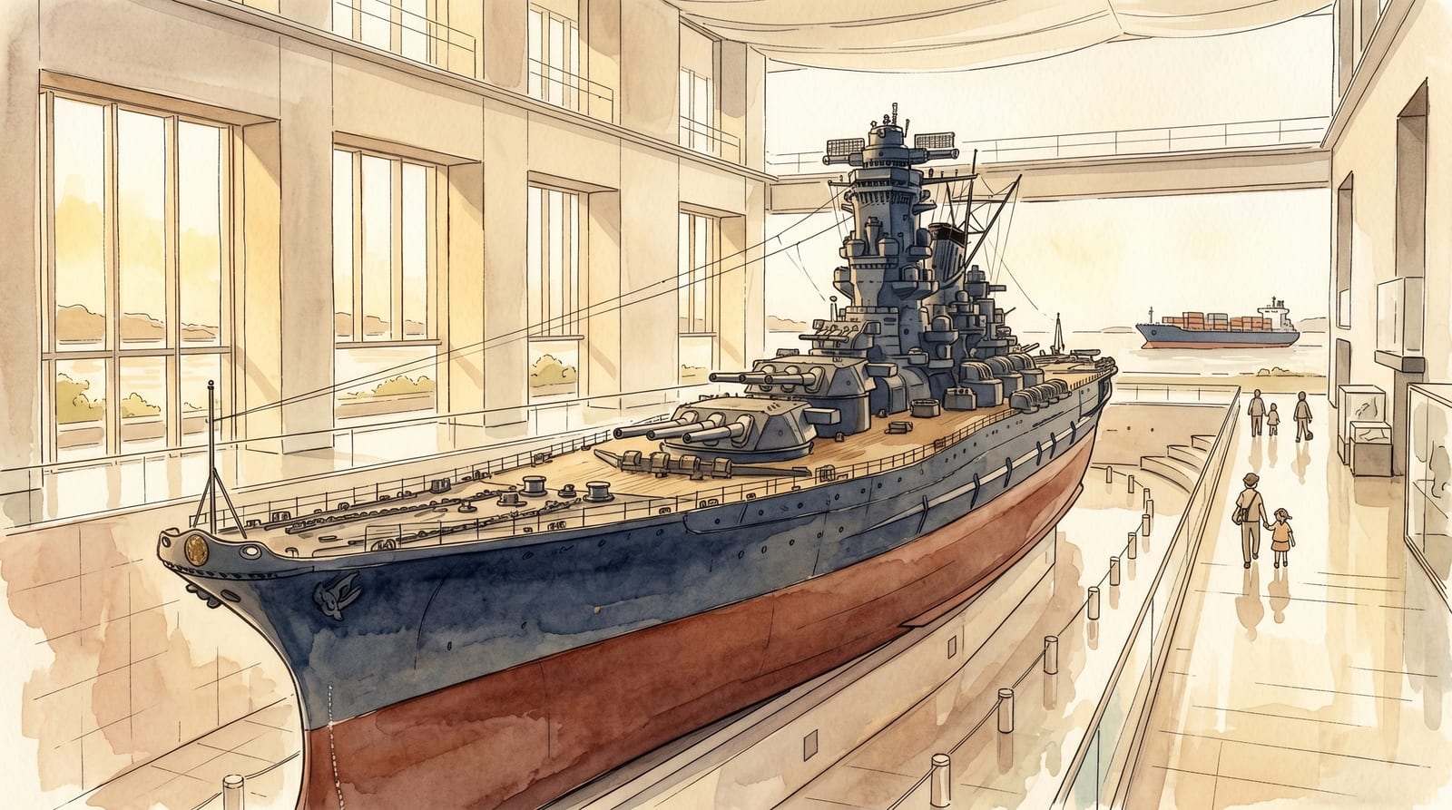 Illustration of the 1:10 scale model of battleship Yamato suspended above the central atrium of the Yamato Museum, viewed from the upper walkway on the bow side. The forward turret mounts and superstructure are visible; daylight enters through the tall atrium windows on the left; a small pair of visitors stands at the lower walkway. Editorial watercolor in muted historical palette, derived from an on-site photograph by a friend of the editor.