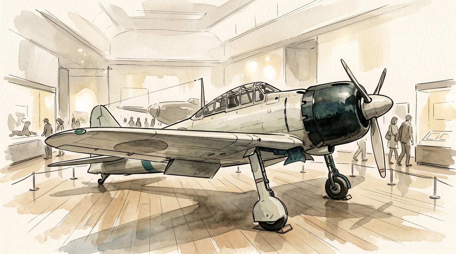 Illustration of a restored Mitsubishi A6M Zero fighter aircraft on display at the Yamato Museum, viewed from a 3/4 front angle showing the propeller, fuselage, and wings, with museum visitors standing at a respectful distance in the background. Editorial watercolor in muted historical palette.