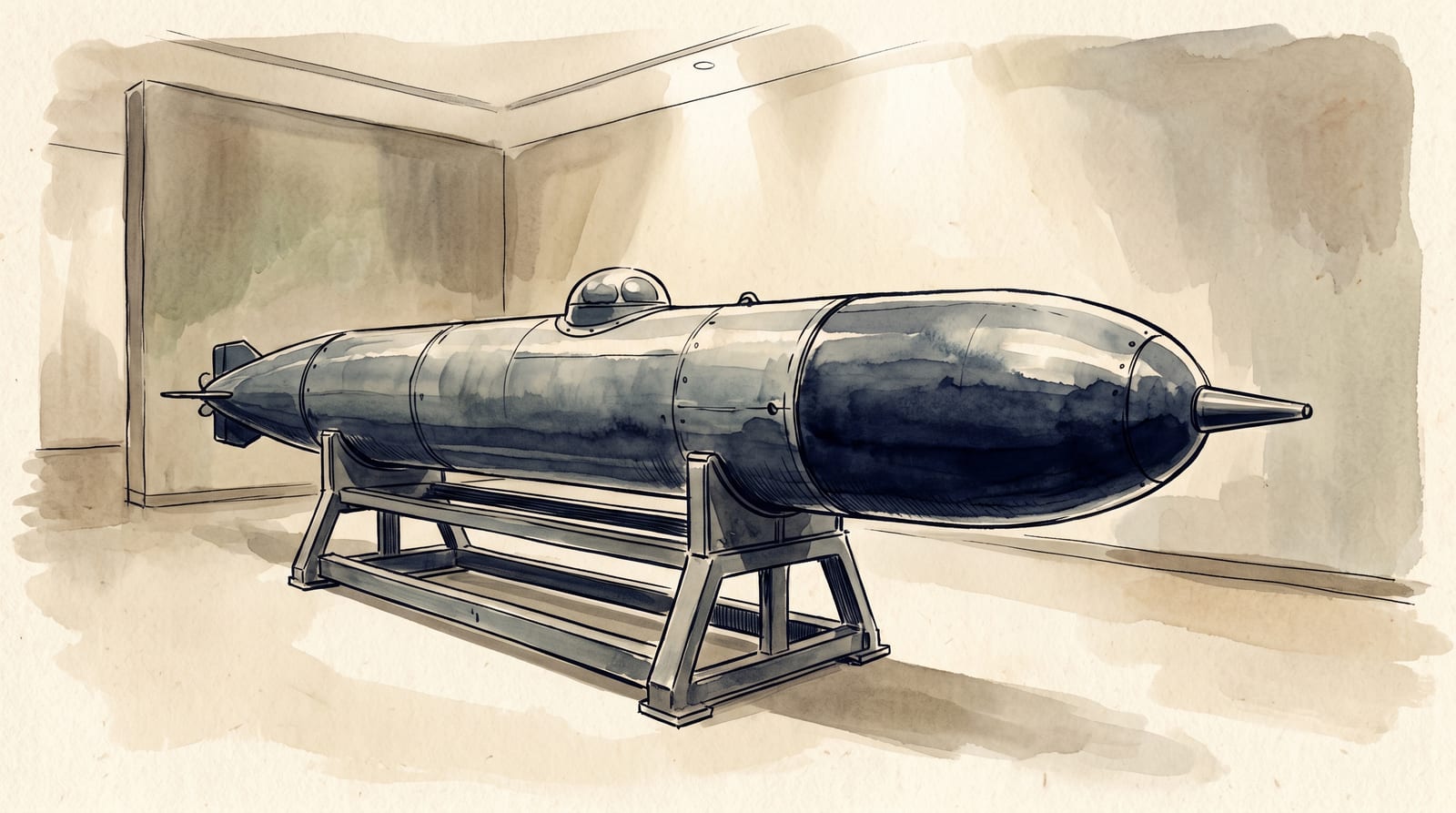 Illustration of a Type 10 Kaiten manned torpedo on display in a quiet museum gallery, a long cylindrical metal weapon resting horizontally on a steel cradle, with a small periscope dome on top, conical nose at the front, atmospheric somber lighting. Editorial watercolor in muted historical palette.