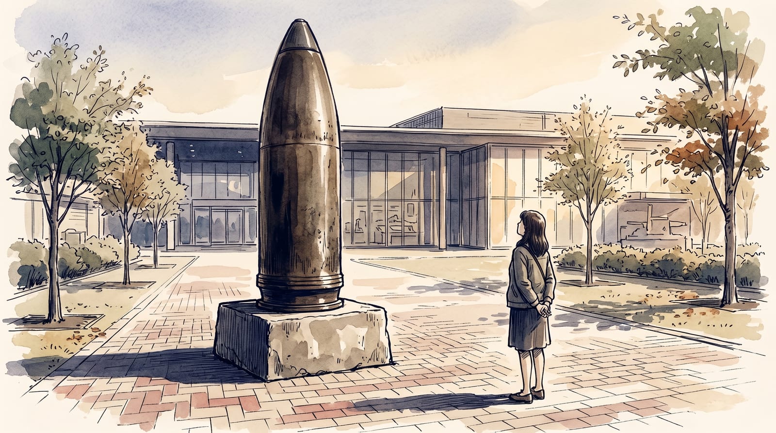 Illustration of the full-scale 46-centimeter naval gun shell displayed outdoors at the Yamato Museum entrance plaza, a massive cylindrical shell standing vertically on a stone pedestal, with a single visitor figure beside it for scale, the modern museum building in the background, brick-paved plaza with autumn trees. Editorial watercolor in muted historical palette.